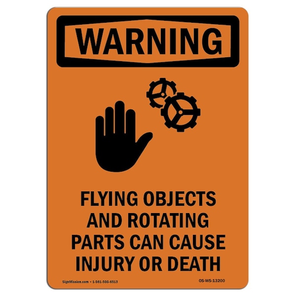 OSHA WARNING Sign, Flying Objects And W/ Symbol, 14in X 10in Aluminum, 10" W, 14" L, Portrait